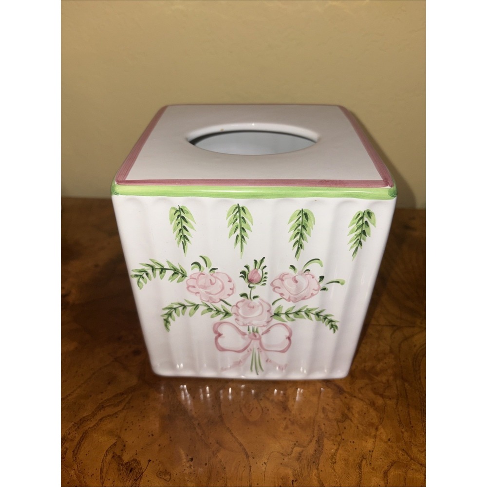 Hand Painted in Portugal Vintage Ceramic Tissue Box Cover Porcelain Floral
